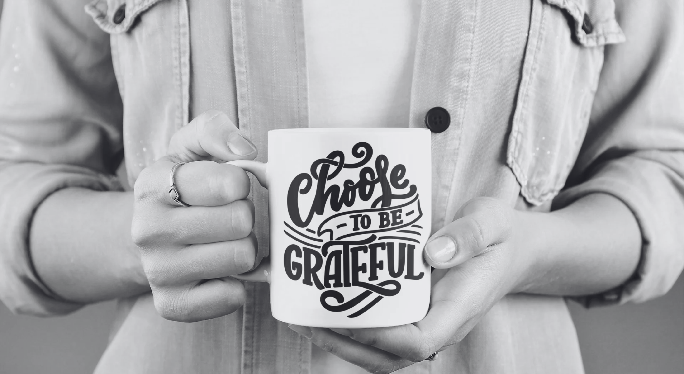 Close-up of hands holding Christian gratitude mug – “Choose to Be Grateful” motivational design by Faith Culture