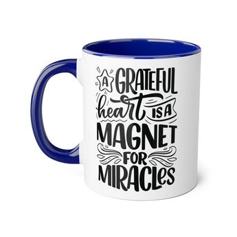Faith Culture - A Grateful Heart is a Magnet for Miracles - Christian Thanksgiving Accent Mug, 11oz Blue 11oz