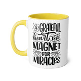 Faith Culture - A Grateful Heart is a Magnet for Miracles - Christian Thanksgiving Accent Mug, 11oz Yellow 11oz