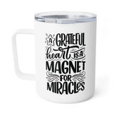 Faith Culture - A Grateful Heart is a Magnet for Miracles - Christian Thanksgiving Insulated Coffee Mug, 10oz 10oz White