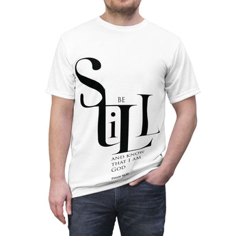 Faith Culture - Be Still and Know Psalm 46:10 - Christian Unisex Cut & Sew Tee White stitching