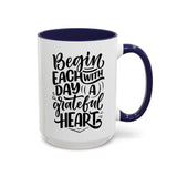 Faith Culture - Begin Each Day with a Grateful Heart - Christian Thanksgiving Accent Coffee Mug, 11oz and 15oz 15oz Navy