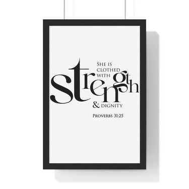 Faith Culture - Christian Home Décor - Clothed with Strength and Dignity - Proverbs 31:25 Wall Art 12″ x 18″ Black