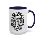 Faith Culture - Give Thanks With a Grateful Heart - Christian Thanksgiving Accent Coffee Mug, 11oz and 15oz 15oz Navy