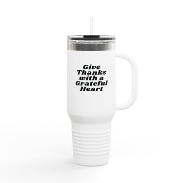 Faith Culture - Give Thanks with a Grateful Heart Insulated Travel Mug 40oz Christian Thanksgiving Gift Stainless Steel 40oz White