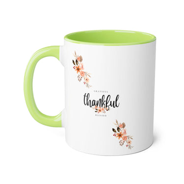 Faith Culture - Grateful, Thankful, Blessed Floral - Christian Thanksgiving Accent Mug, 11oz Light Green 11oz