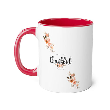 Faith Culture - Grateful, Thankful, Blessed Floral - Christian Thanksgiving Accent Mug, 11oz Red 11oz