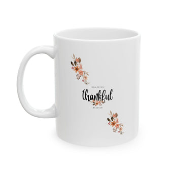 Faith Culture - Grateful Thankful Blessed Floral Design - Christian Thanksgiving Mug, 11oz and 15oz 11oz