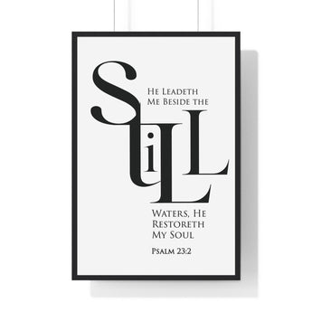 Faith Culture - "He Leads Me Beside Quiet Waters" - Psalm 23:2 Christian Vertical Framed Wall Art 24″ x 36″ Black