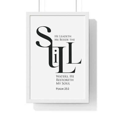 Faith Culture - "He Leads Me Beside Quiet Waters" - Psalm 23:2 Christian Vertical Framed Wall Art 12″ x 18″ White