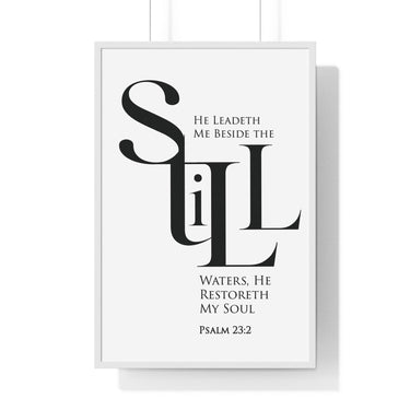 Faith Culture - "He Leads Me Beside Quiet Waters" - Psalm 23:2 Christian Vertical Framed Wall Art 24″ x 36″ White