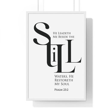 Faith Culture - "He Leads Me Beside Quiet Waters" - Psalm 23:2 Christian Vertical Framed Wall Art 20" x 30" White
