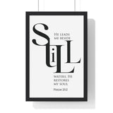 Faith Culture - "He Leads Me Beside Quiet Waters" - Psalm 23:2 Christian Vertical Framed Wall Art 12″ x 18″ Black
