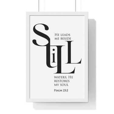Faith Culture - "He Leads Me Beside Quiet Waters" - Psalm 23:2 Christian Vertical Framed Wall Art 12″ x 18″ White