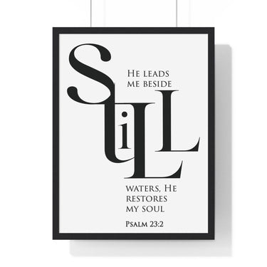 Faith Culture - "He Leads Me Beside Quiet Waters" - Psalm 23:2 Christian Vertical Framed Wall Art 18″ x 24″ Black