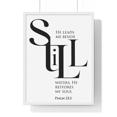 Faith Culture - "He Leads Me Beside Quiet Waters" - Psalm 23:2 Christian Vertical Framed Wall Art 18″ x 24″ White