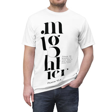 Faith Culture - Mighty God - Psalm 93:4 - Christian Unisex Cut & Sew Tee White stitching