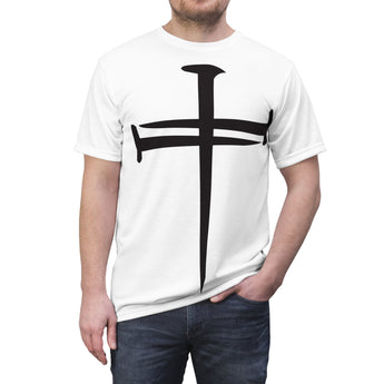 Faith Culture - Redemption Cross Christian Unisex Cut & Sew Tee (AOP) White stitching
