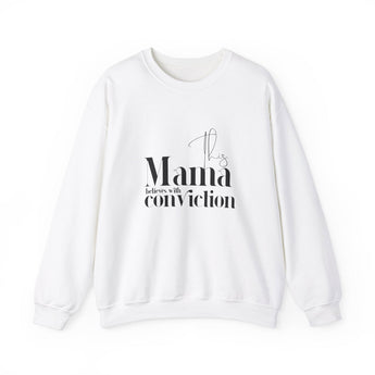 Faith Culture - This Mama Believes with Conviction - Christian Unisex Heavy Blend™ Crewneck Sweatshirt White
