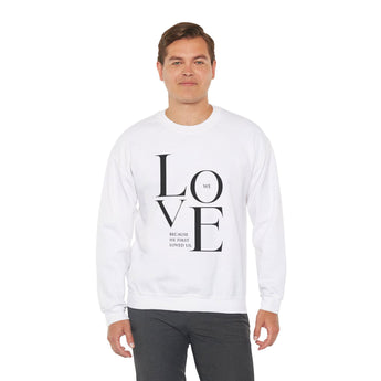 Faith Culture - We Love Because He Loved Us First Christian Unisex Heavy Blend™ Crewneck Sweatshirt White
