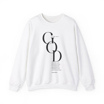Compassionate and Gracious Christian Sweatshirt – Psalm 86:15 in white | Faith Culture