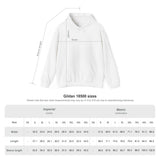 Gildan 18500 hoodie size chart with garment width, length and sleeve length in inches and centimetres, sizes S to 5XL.