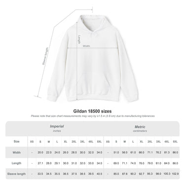 Gildan 18500 hoodie size chart with garment width, length and sleeve length in inches and centimetres, sizes S to 5XL.