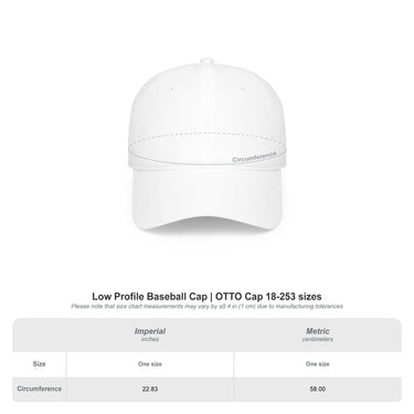 OTTO Cap 18-253 low-profile baseball cap size chart: one size, circumference 22.83 inches (58 cm), with measurement tolerance of 0.4 inches (1 cm).