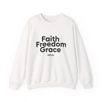 Faith Freedom Grace Christian Sweatshirt – John 8:36 in white | Faith Culture