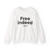 Free Indeed Christian Sweatshirt – John 8:36 in white | Faith Culture