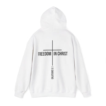 Freedom in Christ Christian Hoodie – Galatians 5:1 in white | Faith Culture