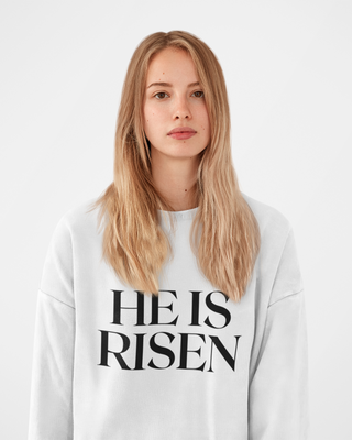 He Is Risen Minimal Easter Christian Sweatshirt in white | Faith Culture
