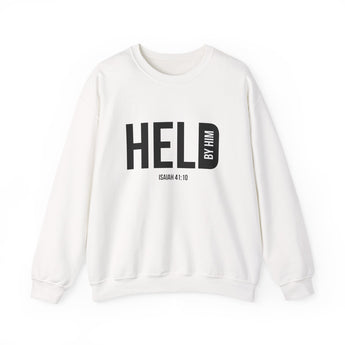Held by Him Christian Sweatshirt – Isaiah 41:10 in white | Faith Culture