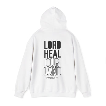 Lord Heal Our Land Christian Hoodie – 2 Chronicles 7:14 in white | Faith Culture