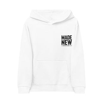 Made New Christian Youth Fleece Hoodie – 2 Corinthians 5:17 in white | Faith Culture