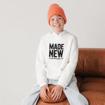 Made New Christian Youth Sweatshirt – 2 Corinthians 5:17 in white | Faith Culture