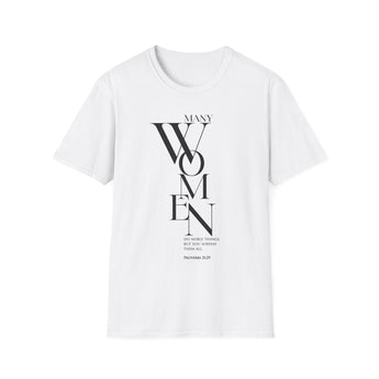 Many Women Do Noble Things Christian T-Shirt — Proverbs 31:29 in white