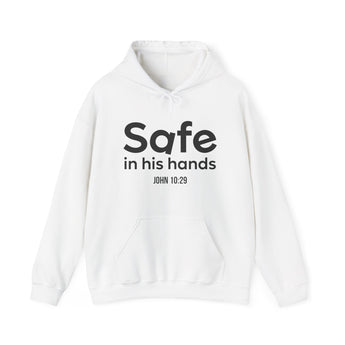Safe in His Hands Christian Hoodie – John 10:29 in white | Faith Culture