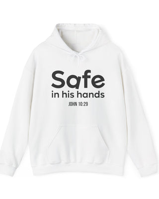 Safe in His Hands Christian Hoodie – John 10:29 in white | Faith Culture