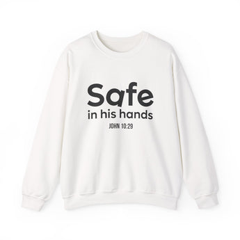 Safe in His Hands Christian Sweatshirt – John 10:29 in white | Faith Culture
