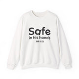 Safe in His Hands Christian Sweatshirt – John 10:29 in white | Faith Culture