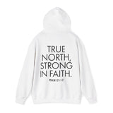 True North Strong in Faith Christian Hoodie – Psalm 121:1–2 in white | Faith Culture